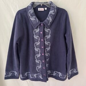 D & CO Denim & Company Purple Fleece Embroidered Button Front Jacket Women's L‎